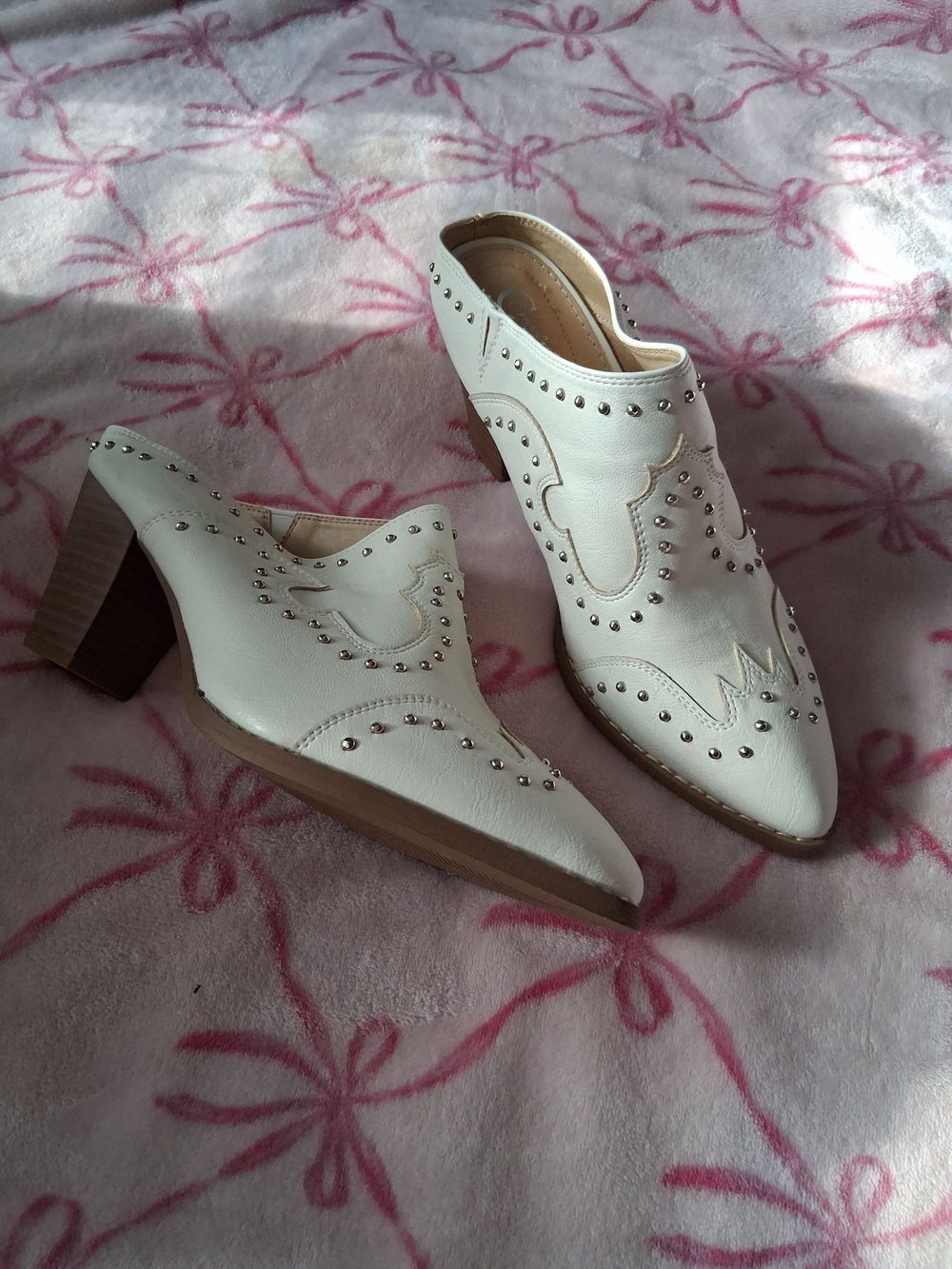 Women's White Studded Western Block Heel Mules